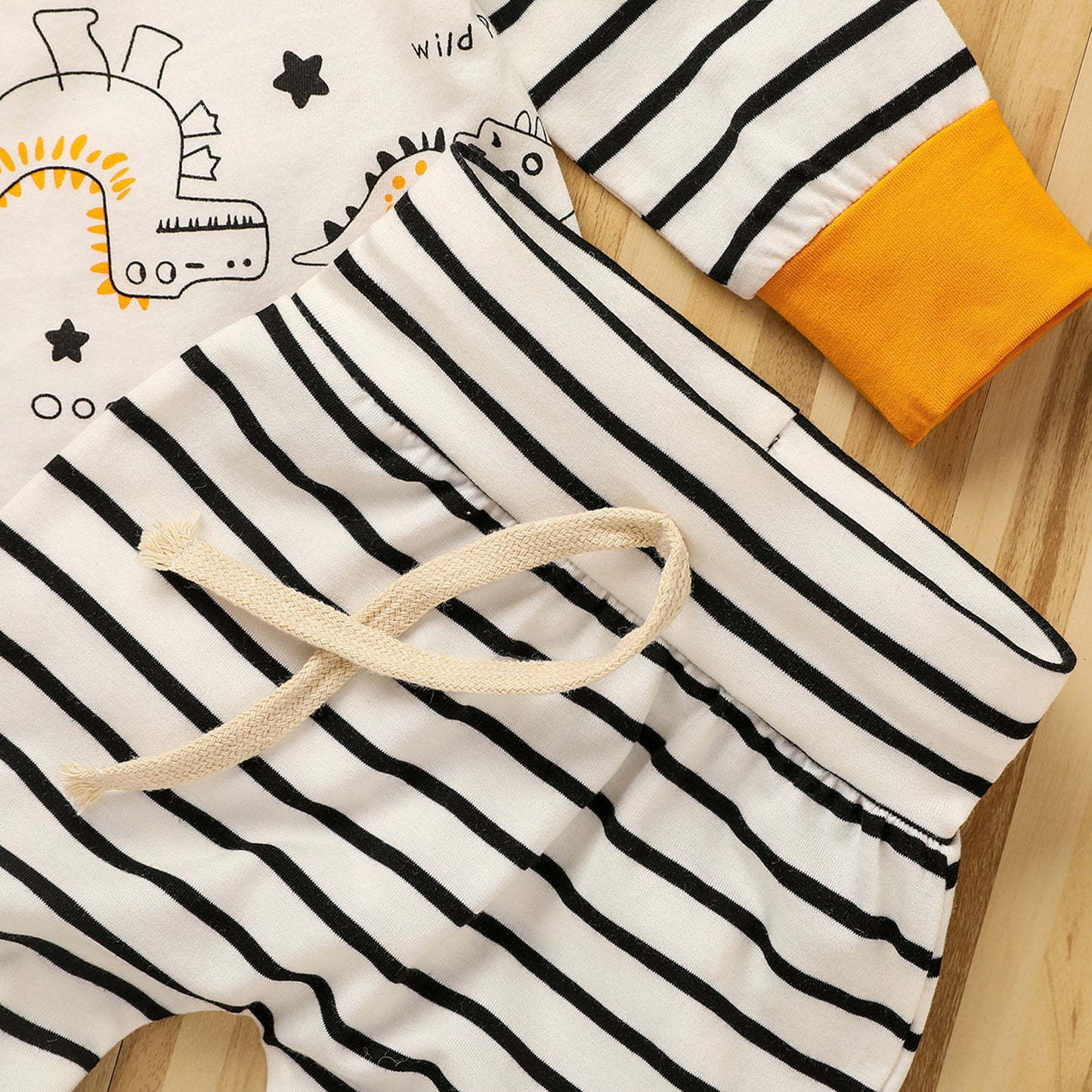 毎日がもっと楽しくなる 子ども長袖トップス＆ボーダーパンツ＆帽子3点セット 恐竜プリント コットン 70~100cm