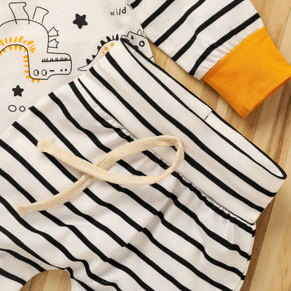 毎日がもっと楽しくなる 子ども長袖トップス＆ボーダーパンツ＆帽子3点セット 恐竜プリント コットン 70~100cm