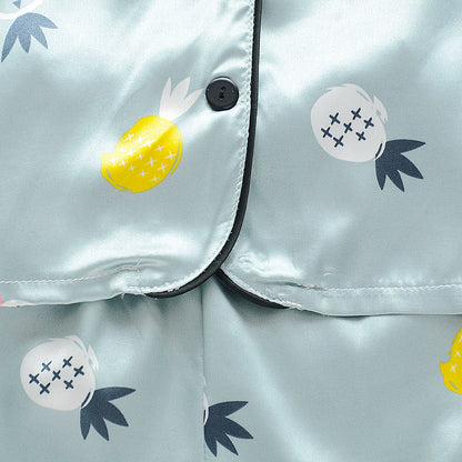 ひんやり快適に過ごせる 子どもアイスシルク夏用パジャマ上下セット パイナップル総柄 前開き半袖シャツ×ショートパンツ 80~110cm