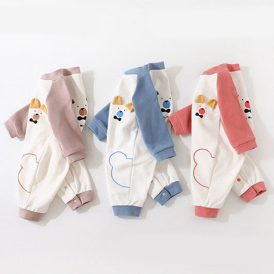 コーマコットン生地の子ども用長袖アニマルフェイスロンパースの全体画像
