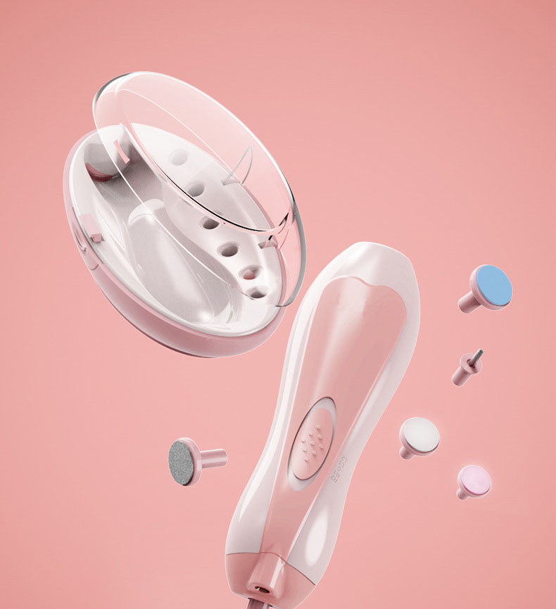 ピンクの背景に収納ケースと電動爪やすり本体を立てて配置した画像（ギフト風ベビー爪ケアキット）
