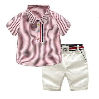 きちんと感でおでかけが映える 男の子襟付き半袖シャツ＆ホワイトショートパンツ上下セット ストライプ柄 コットン 90~130cm