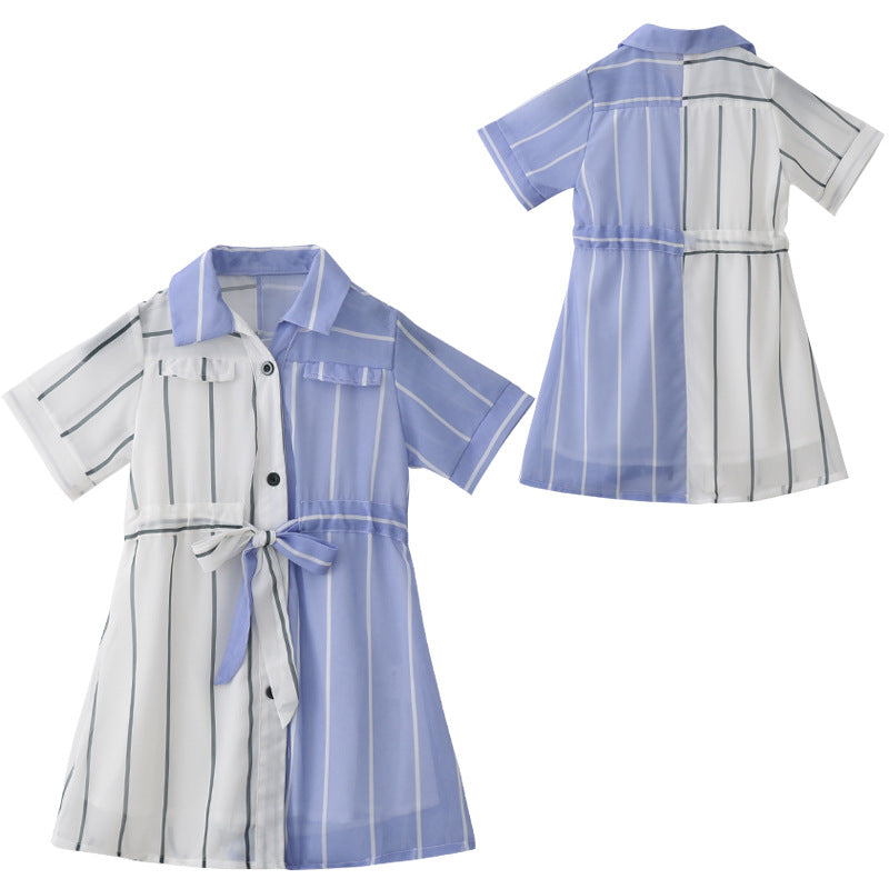 さらっと着ておしゃれが決まる 女の子シャツワンピース バイカラーストライプ 半袖 韓国風 110~160cm