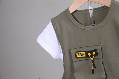 軽やかに動ける 男の子半袖セットアップ レイヤード風ベストデザイン 無地切り替え コットン95% ショートパンツ 80〜120cm