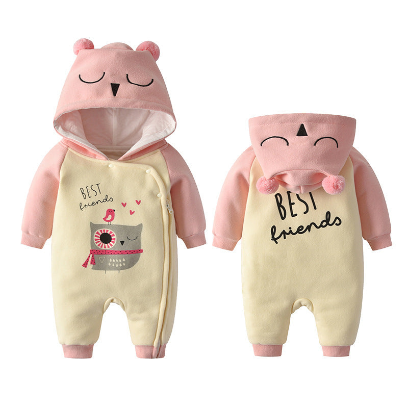 ベビー長袖ジップロンパース フード付き バード/アニマル柄 コットン やわらか・保温 春秋冬 | Baby Long Sleeve Zip Romper Hooded Bird/Animal Print Soft Cotton Warm Spring/Autumn/Winter Lumisei Prime
