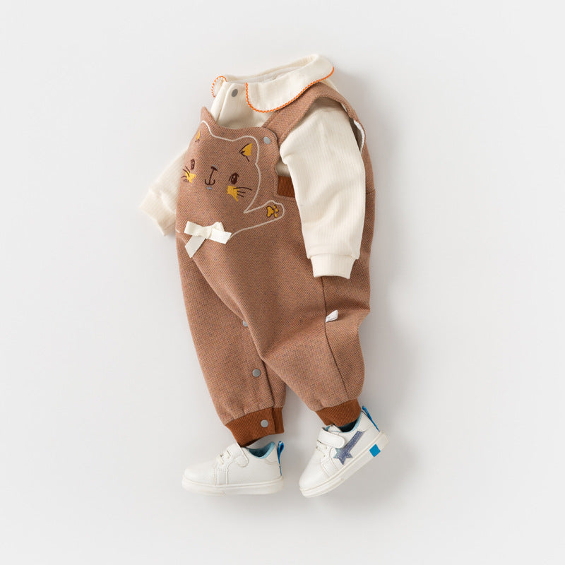 重ね着風でおめかしが叶う 女の子ビブサロペット上下セット ねこプリント 丸襟ロングスリーブ コットン95% 66~90cm