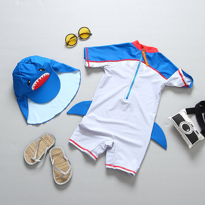 フード付きシャーク柄ボーイズUVサーフスーツ｜前開きジップのラッシュガード一体型（90・100・110・120・130・140cm／3色）