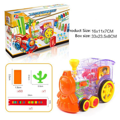 クリアモデルの電動ドミノトレインと付属パーツ構成がわかる内容画像
