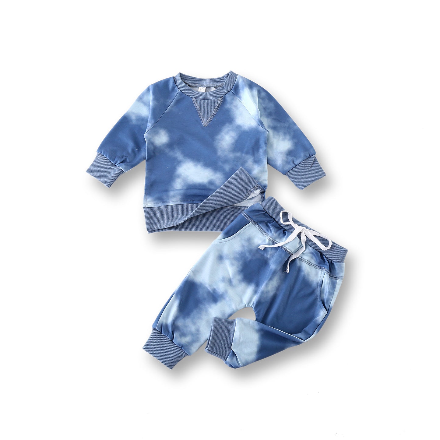 ライトブルーカモフラ柄トレーナーとロングパンツの爽やかな子ども2点セット
