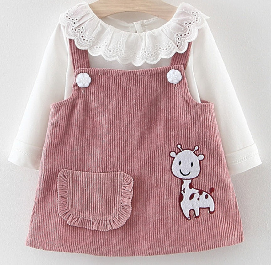 やさしく可憐に着映える 女の子ジャンパースカート上下セット きりん刺繍 レース襟トップス コットン 80~100cm