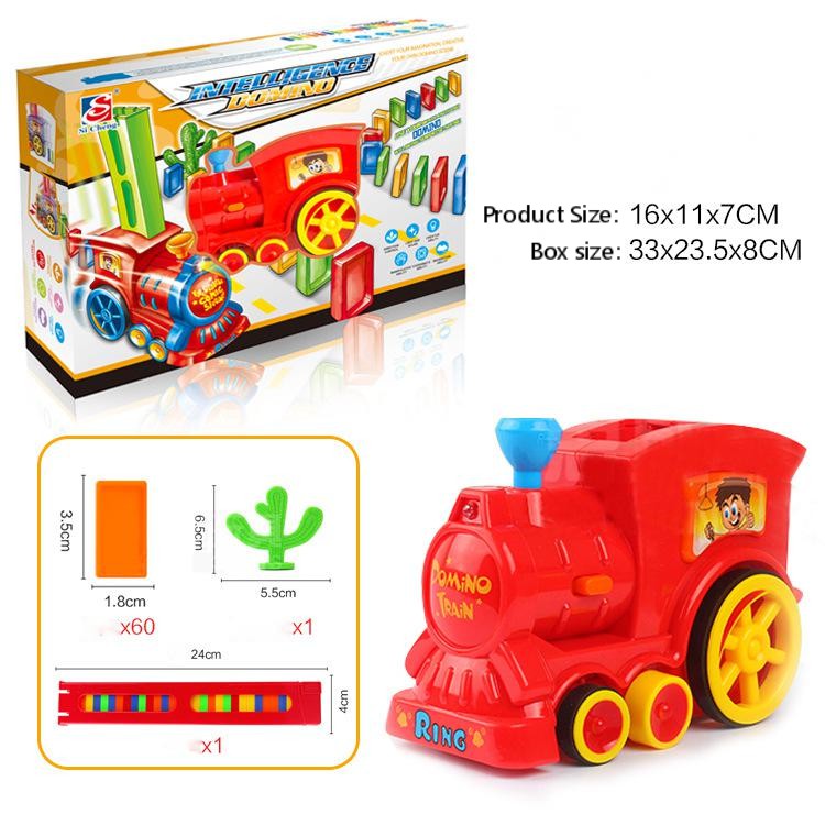 レッドモデルの電動ドミノトレインとサイズ目安がわかる内容画像
