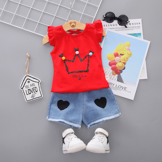 毎日かわいく着回せる 女の子半袖Tシャツ＆ショートパンツ上下セット 王冠プリント×英字×ハートデザイン コットン 80~110cm