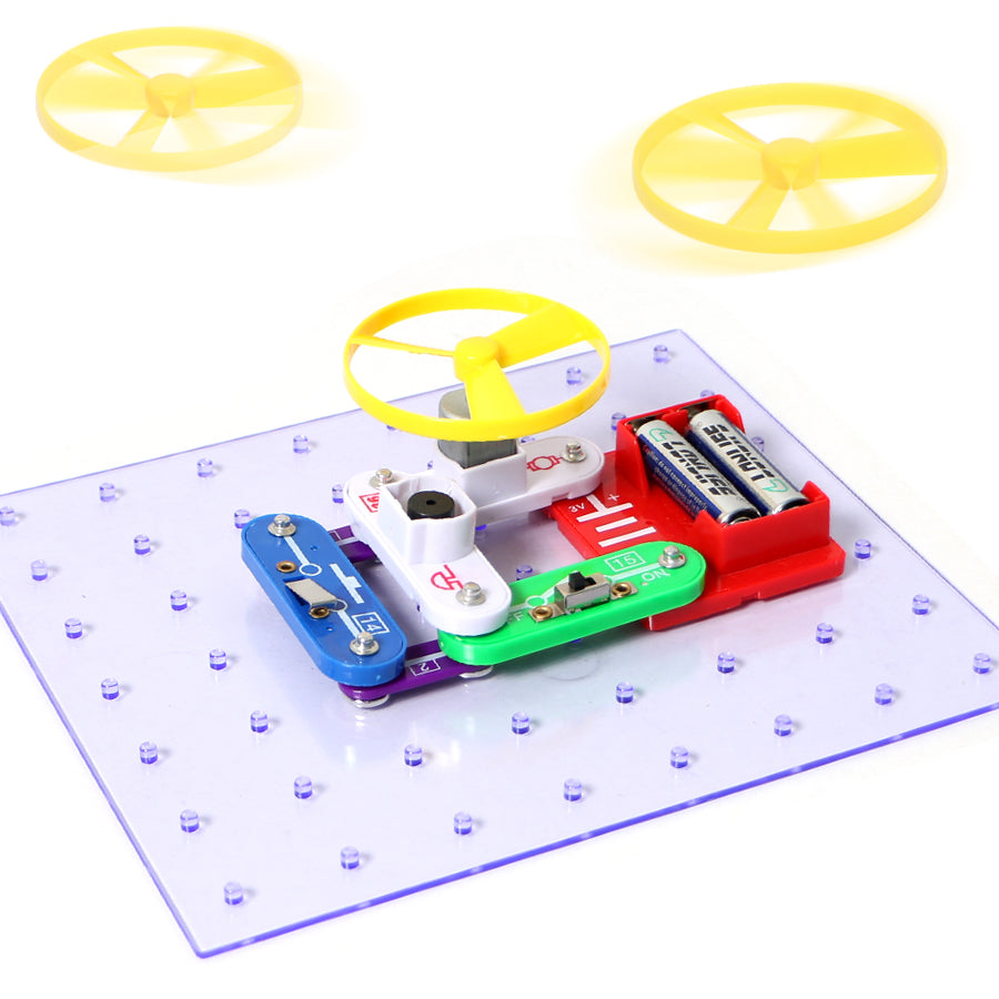 プロペラ付きモーター回路が組み立てられた電子ブロック実験キットのイメージ
