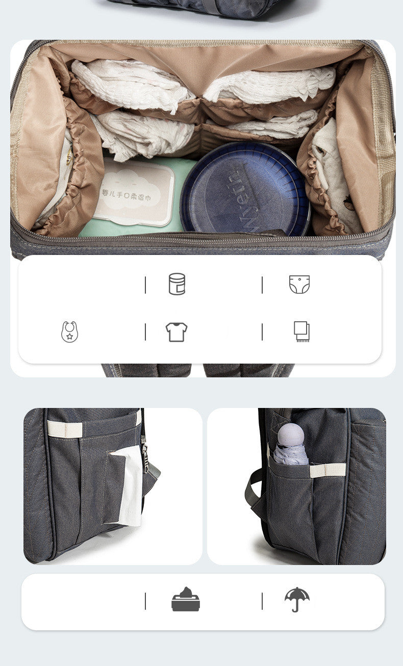 ベビーがベッド部分で寝ている折りたたみマザーズバッグ使用イメージ（外出先でもぐっすり）
