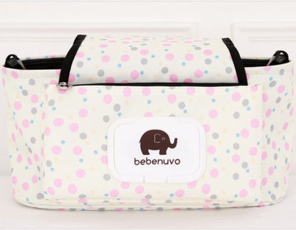 ピンクドット柄のベビーカー用吊り下げ収納オーガナイザー外観（ハンドルオーガナイザー）
