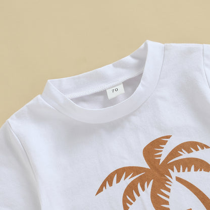 夏のおでかけがもっと楽しい 男の子半袖Tシャツ＆ショートパンツセット ヤシの木レタープリント サン総柄 コットン 70~100cm