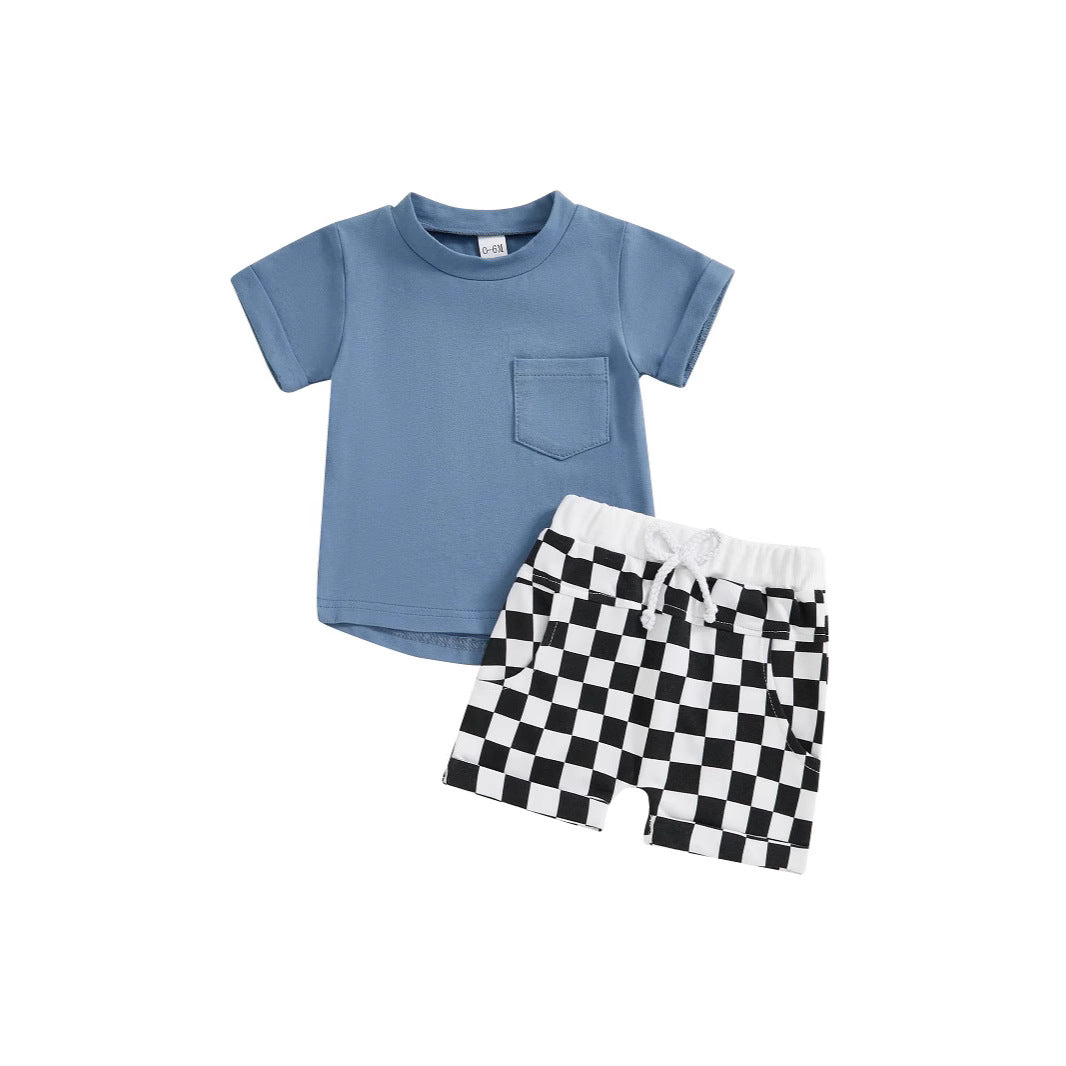 さらっと着られてコーデが即完成する 男の子半袖Tシャツ＆チェックショーツセット シンプル無地トップス コットン 3〜6ヶ月〜2〜3歳