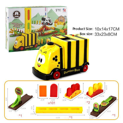 レッドモデルの電動ドミノトレインと付属パーツ構成がわかる内容画像
