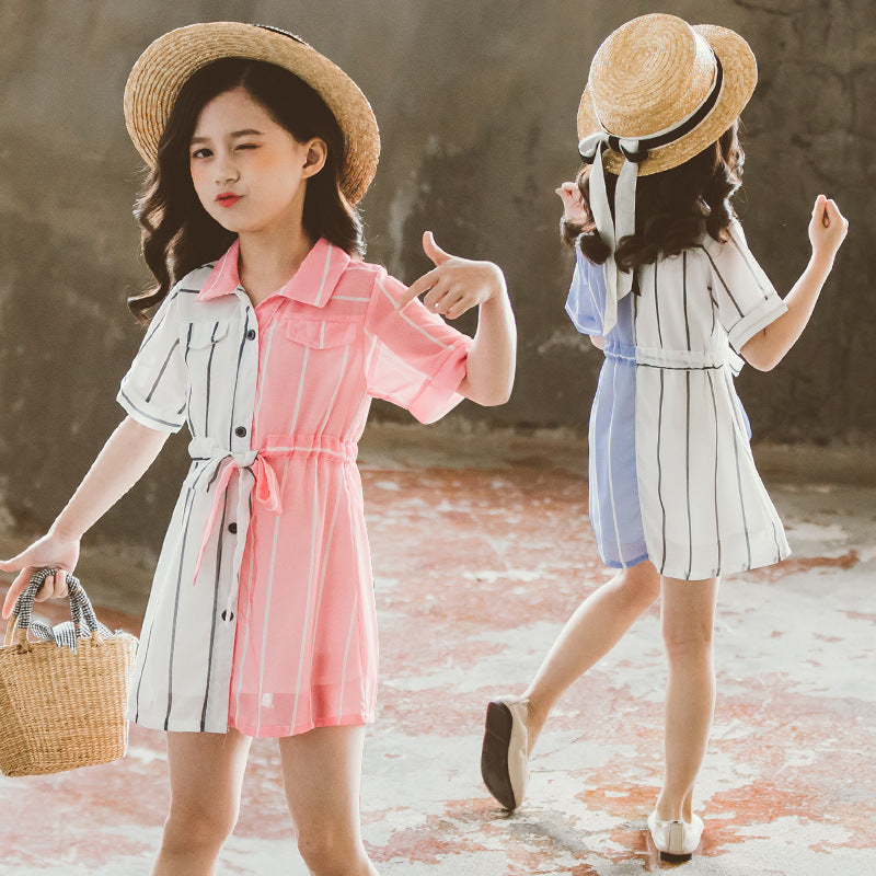 さらっと着ておしゃれが決まる 女の子シャツワンピース バイカラーストライプ 半袖 韓国風 110~160cm