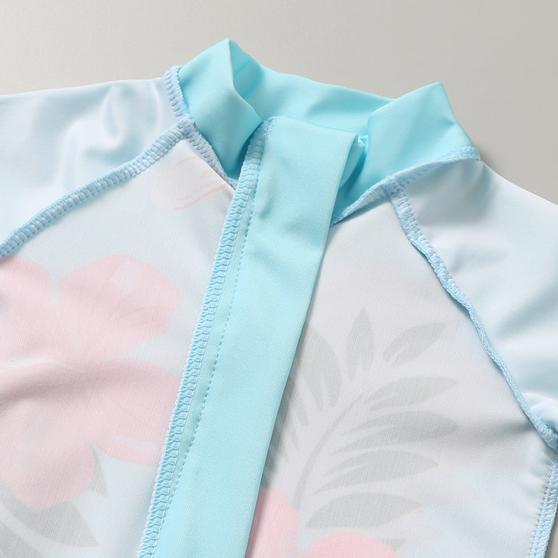 ガールズUVセット 長袖ラッシュガード一体型ワンピース水着＋スイムキャップ ブルー花柄 前ファスナー プリントスイムウェア（S・M・L・XL）