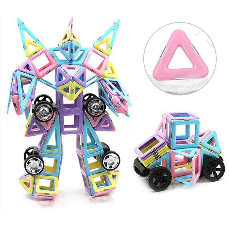 マグネットタイルで作るロボットと乗り物の立体作品例イメージ
