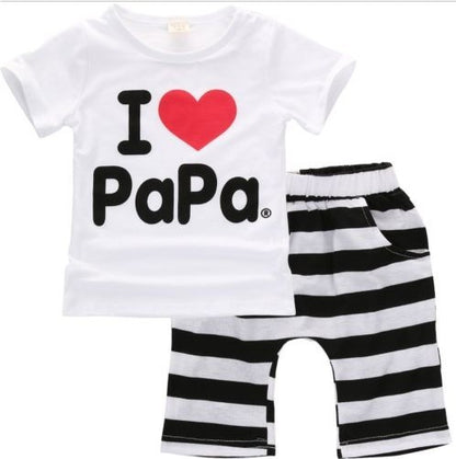毎日がもっと可愛くなる 子ども半袖Tシャツ＆ボーダーショーツ上下セット I♥Mama ・ I♥Papa プリントデザイン 80〜100cm