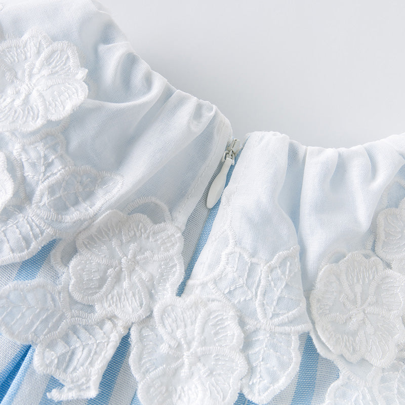 清楚ストライプで写真映えする 女の子ノースリーブワンピース ブルー×ホワイト縞柄 立体襟デザイン コットン100% 66~130cm