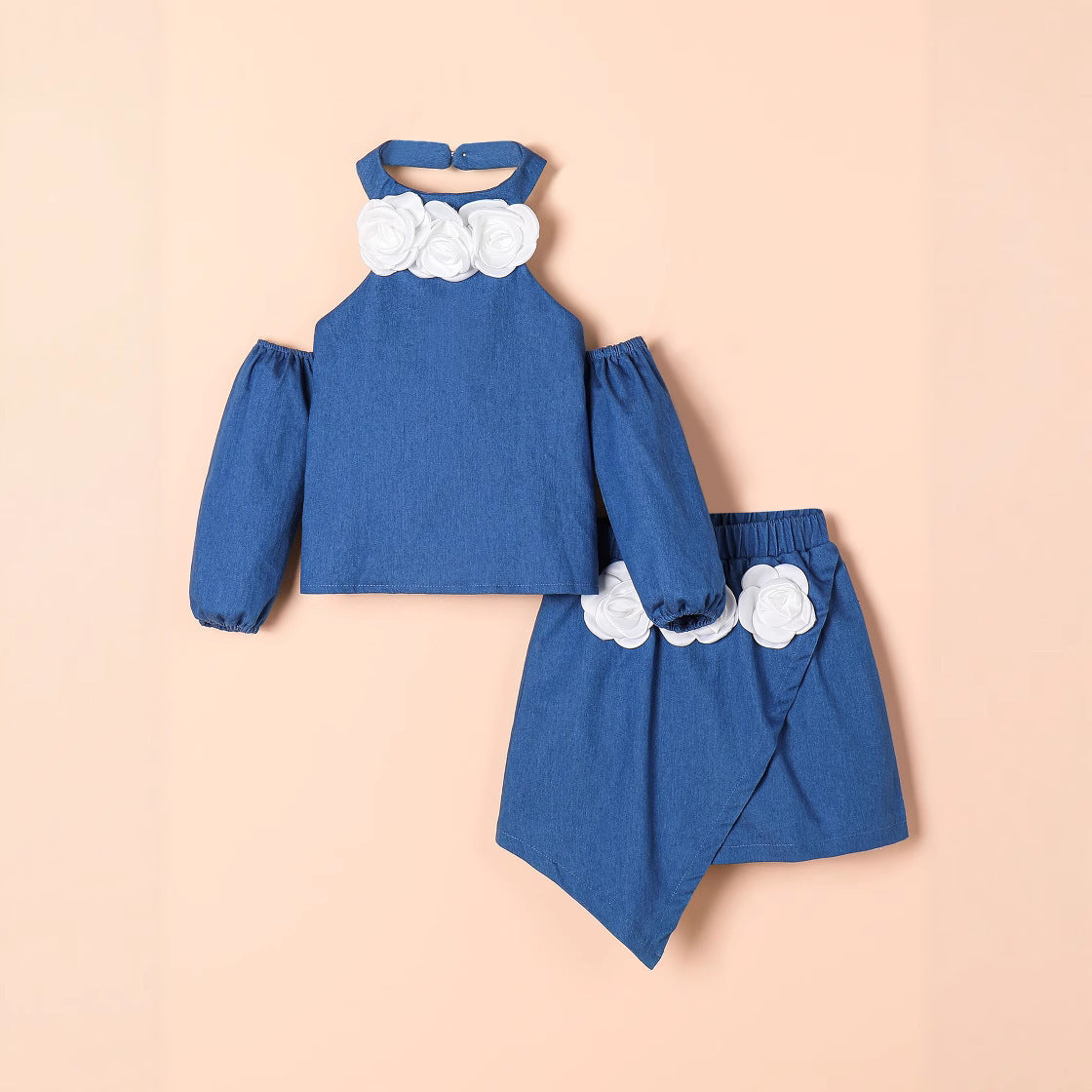 立体フラワーで上品に映える 女の子トップス＆スカートセット ブルー無地デザイン コットン素材 2〜7歳