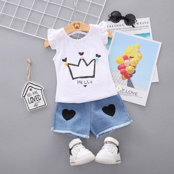 毎日かわいく着回せる 女の子半袖Tシャツ＆ショートパンツ上下セット 王冠プリント×英字×ハートデザイン コットン 80~110cm