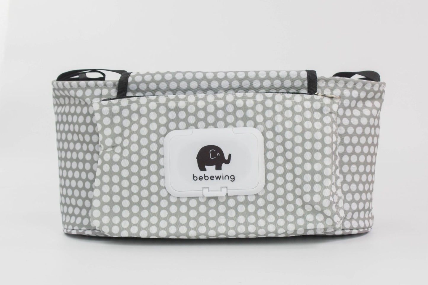 グレーのベビーカー用収納オーガナイザー取り付けイメージ（ベビーカー収納バッグ）
