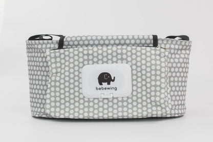 グレーのベビーカー用収納オーガナイザー取り付けイメージ（ベビーカー収納バッグ）
