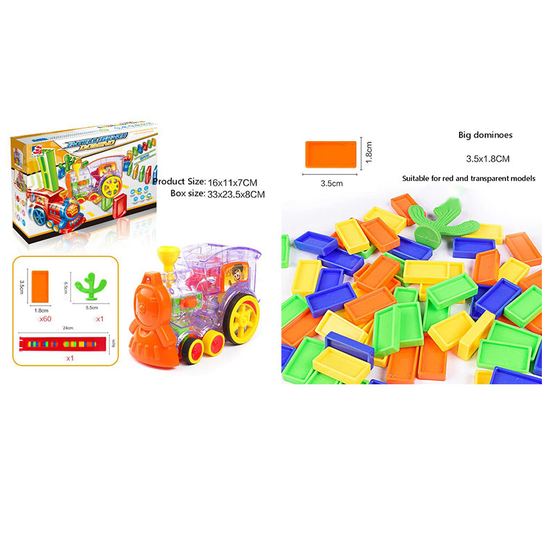 レッドモデルの電動ドミノトレインと付属パーツ構成がわかる内容画像
