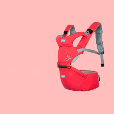 ローズレッドのヒップシート抱っこ紐 ウエストスツール 着用イメージ 白背景（ヒップシートキャリア）
