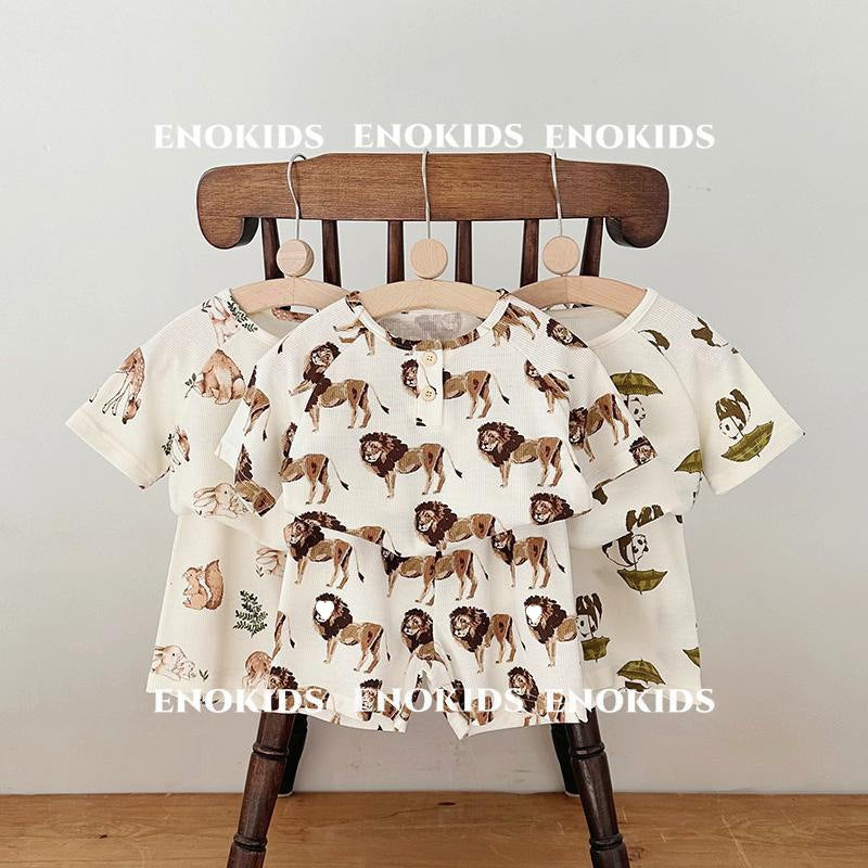 さらっと薄手で夏の寝冷え対策にもやさしい 女の子ベビー半袖ルームウェア上下セット アニマル・レモンプリント コットン 80~130cm