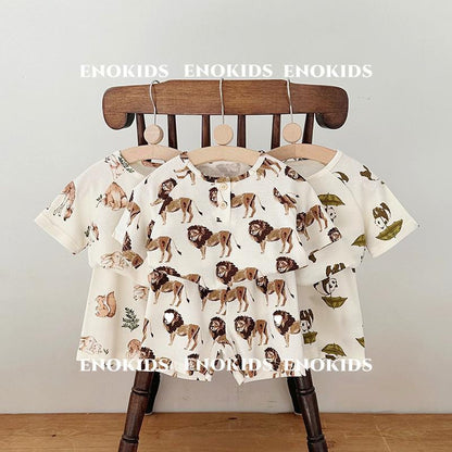 さらっと薄手で夏の寝冷え対策にもやさしい 女の子ベビー半袖ルームウェア上下セット アニマル・レモンプリント コットン 80~130cm