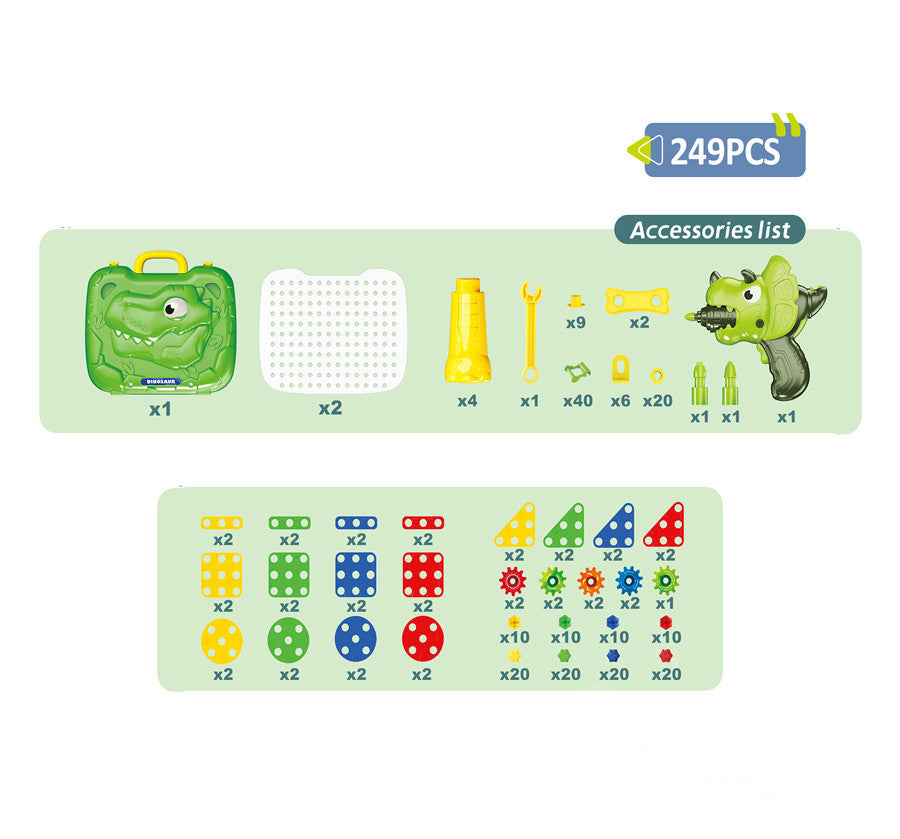 249PCS構成のプレートボードと工具類および色別に並んだネジパーツを紹介している一覧イメージ
