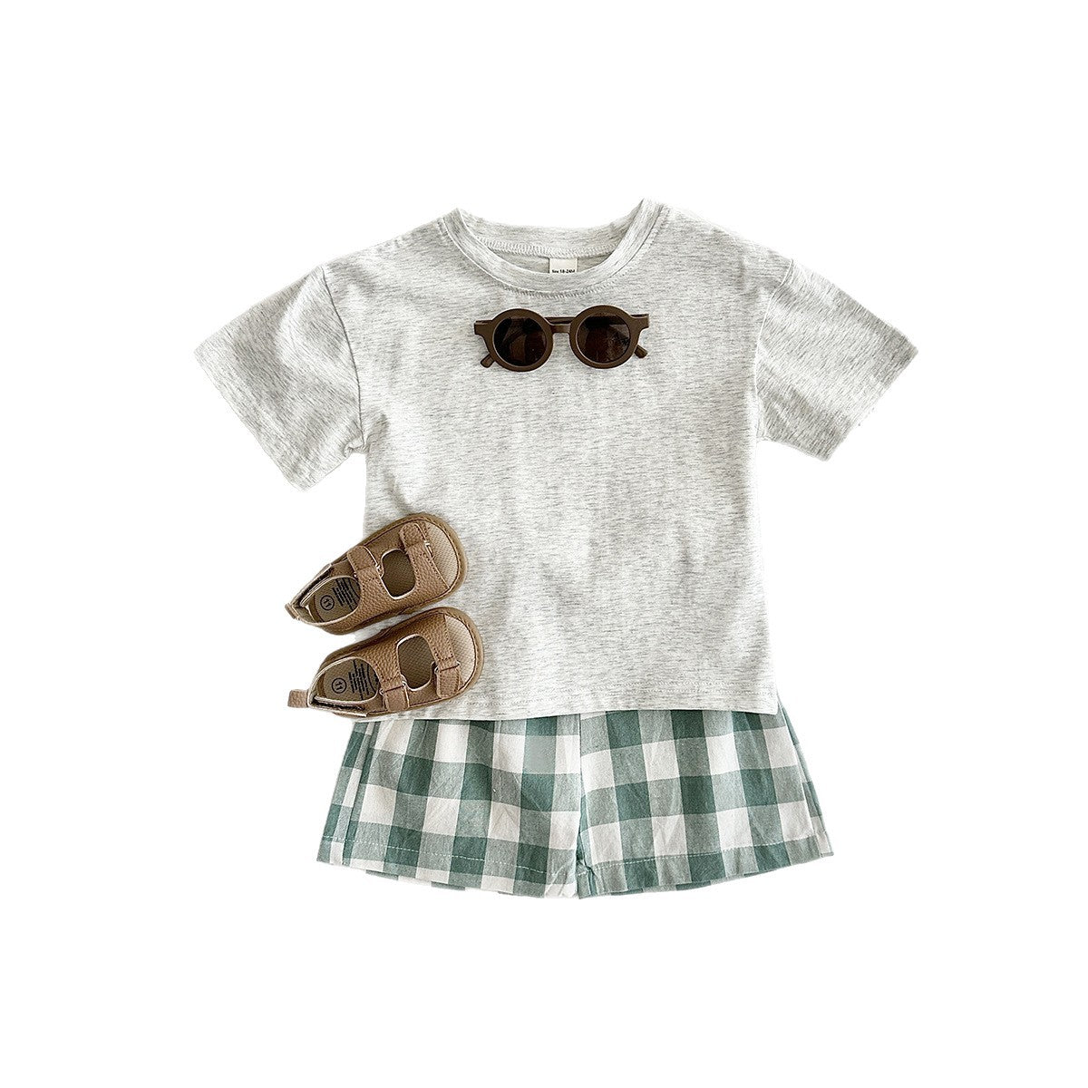 さらっと涼しく動きやすい 子ども半袖Tシャツ＆ショートパンツ上下セット 恐竜プリント×チェック柄 コットン 6〜9ヶ月〜2〜3歳