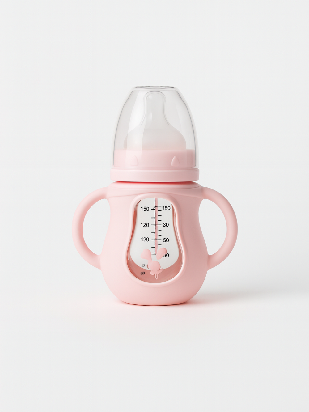 ピンクのシリコンカバーと持ち手付き耐熱ガラス哺乳瓶150mlの正面画像（ガラス哺乳瓶 ベビー用）
