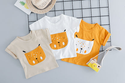 さらっと動きやすい 子ども半袖上下セット アニマルフェイスポケットTシャツ カーゴ風ショートパンツ コットン 70~100cm アプリコット・イエロー