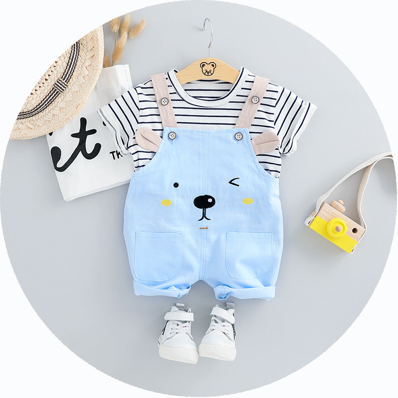 コーデが一瞬で完成して動きやすい 子どもボーダー半袖Tシャツ＆アニマルフェイスサロペットオーバーオール2点セット ブルー・ピンク 70~100cm