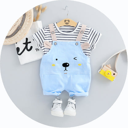 コーデが一瞬で完成して動きやすい 子どもボーダー半袖Tシャツ＆アニマルフェイスサロペットオーバーオール2点セット ブルー・ピンク 70~100cm