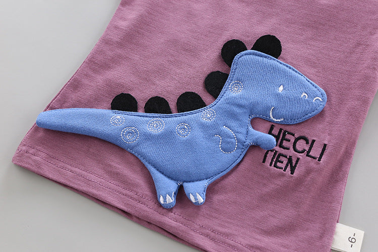 元気いっぱいに映える 子ども半袖上下セット 恐竜カートゥーンアップリケ 五分丈ショーツ コットン95% 80~110cm