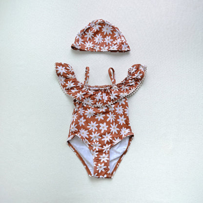 【スイムキャップ付き】花柄フリルスリング ガールズワンピース水着 80・90・100・110cm（フローラル2色）