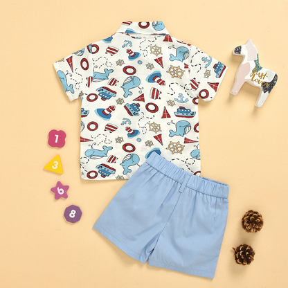 きちんと見えでおしゃれが決まる 男の子ジェントルマン風セットアップ マリンキャラクタープリント半袖シャツ＆無地ショートパンツ コットン混 80~120cm