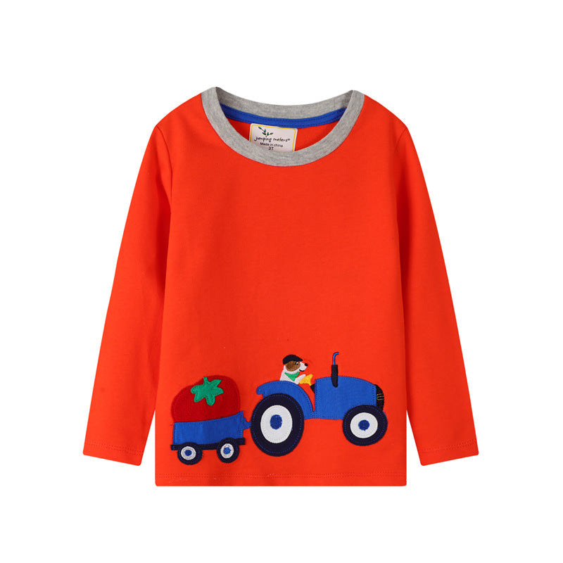 おうち時間もぐっすり快適に過ごせる 男の子長袖パジャマ上下セット はたらく車プリント ニットコットン100％ レッド 2~7歳