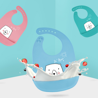 複数カラーのシリコンベビービブを並べたカラーバリエーション商品画像  
