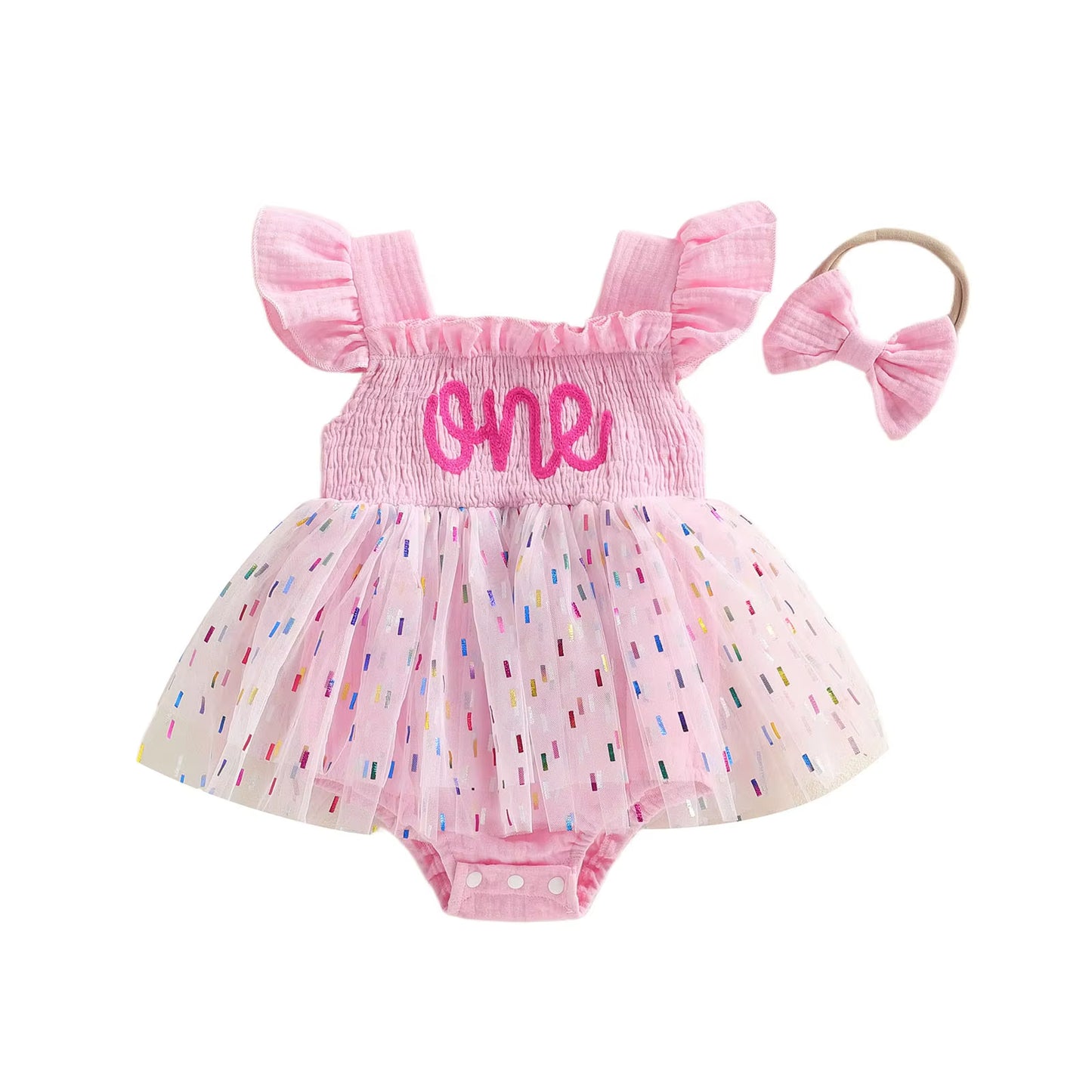 ふんわりチュールで写真映えする 女の子ベビーメッシュロンパース one刺しゅう ボウヘアバンド付き コットン 6〜18ヶ月
