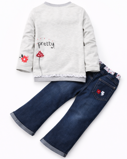 やさしいメッセージプリントで毎日が可愛くなる 女の子長袖スウェットトップス＆デニムパンツ上下2点セット ベージュ 90~130cm