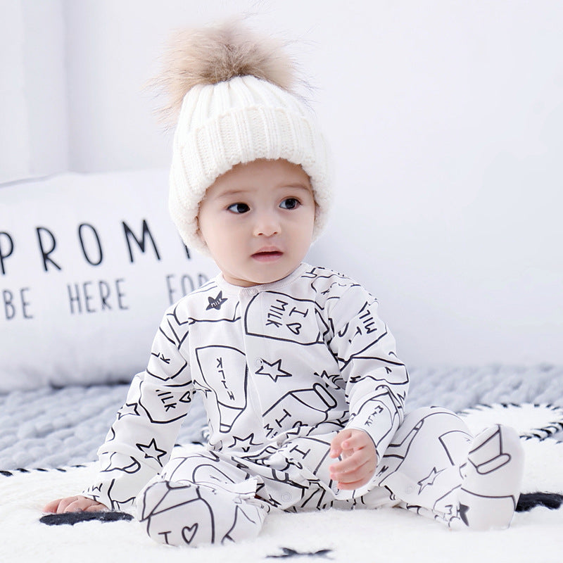 春秋にちょうどいいやさしい着心地 男の子ベビー長袖カバーオール ミルクボトル＆星プリント コットン100% 59~80cm