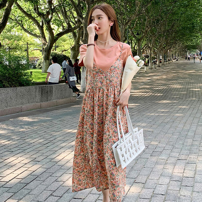 夏も軽やかに着映える マタニティワンピース レイヤード風 小花柄 半袖 ラウンドネック コットン混素材 M〜XXL